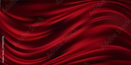 Closeup view of a vibrant red curtain on dark contrasting background 3D illustration, rich color and texture, attention to its elegance and design. Striking dramatic visual effect