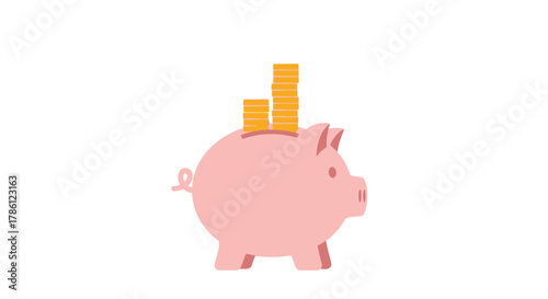 A cute pink piggy bank with stacks of golden coins on its back against a white background