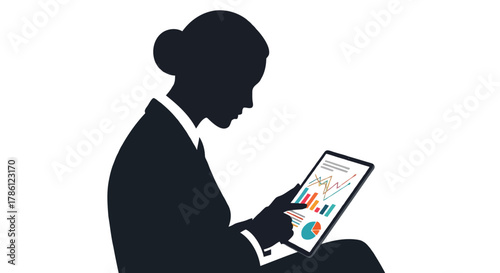 Silhouette of a businesswoman in a suit looking at financial charts and graphs on a tablet computer screen