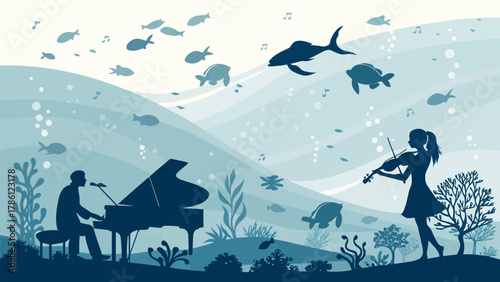 Underwater scene with musicians playing piano and violin surrounded by marine life and aquatic plants