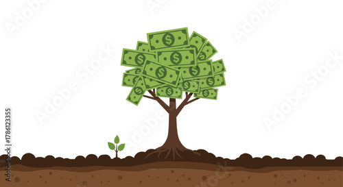 Money tree with dollar bills as leaves symbolizing financial growth and prosperity against a white background with a small sprout nearby