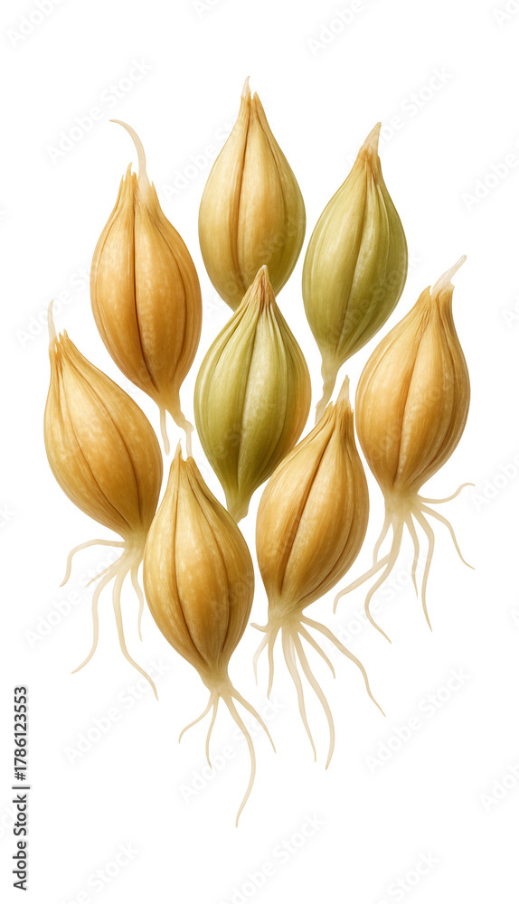 Fototapeta premium Sprouted barley grain featuring visible rootlets.