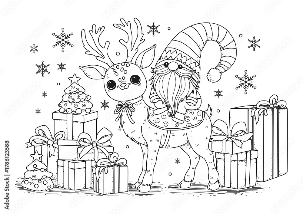 Fototapeta premium A cute gnome sits astride a Christmas reindeer. Gift boxes lie nearby. This coloring page is for children and adults. Black and white illustration for coloring.