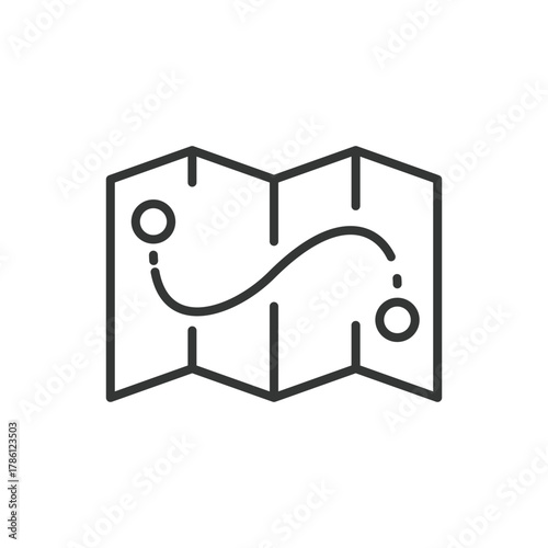 A black line drawing shows a folded map with a curved line and two circular markers