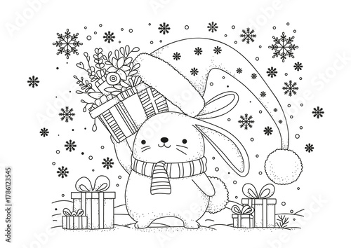 A cute bunny pulls gifts out from under his hat. This coloring page is for kids and adults. Black and white illustration for coloring.