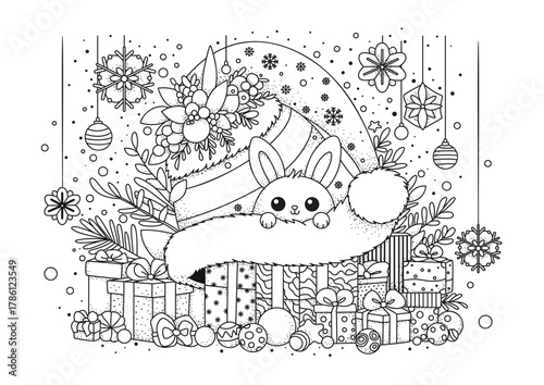 A cute Christmas bunny sits under a Santa hat with gift boxes. This coloring page is for kids and adults. Black and white illustration for coloring.