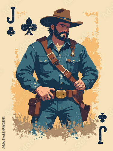 Jack of Clubs — traveling satchel and lariat crossed over a club badge, lino-cut texture, frontier charm