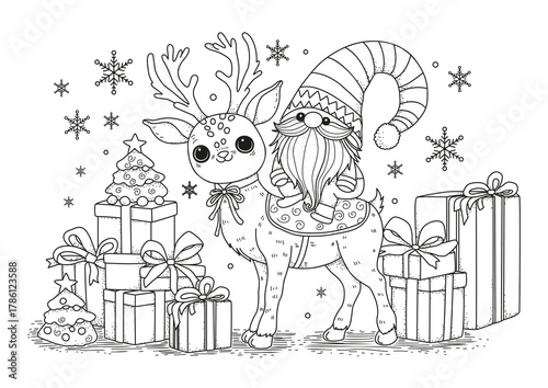 A cute gnome sits astride a Christmas reindeer. Gift boxes lie nearby. This coloring page is for children and adults. Black and white illustration for coloring.