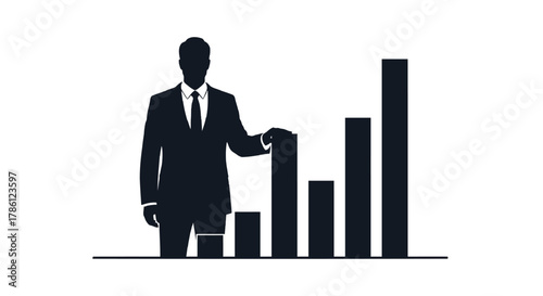 Silhouette of a businessman in a suit standing next to a rising bar graph representing financial growth and success