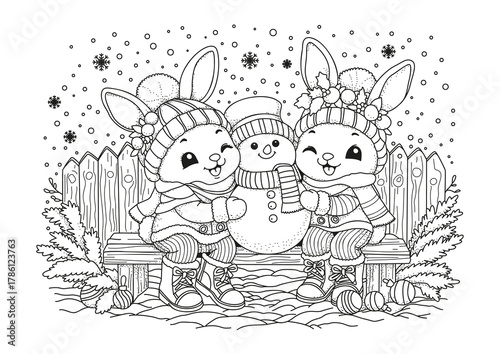 Two cute bunnies sit on a bench and hug a snowman. A Christmas coloring page for kids and adults. Black and white illustration for coloring.