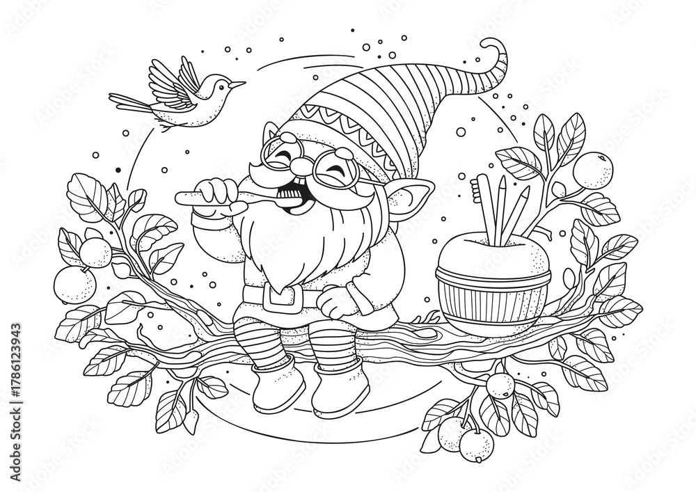 Naklejka premium A cute gnome sits on an apple tree branch and brushes his teeth. This coloring page is for children and adults. Black and white illustration for coloring.