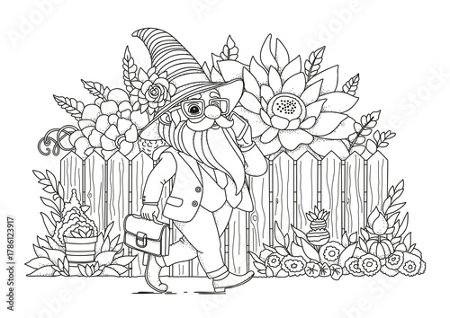 A gnome in a suit carrying a briefcase walks along a wooden fence with flowers growing behind it. This coloring page is for children and adults. Black and white illustration for coloring.