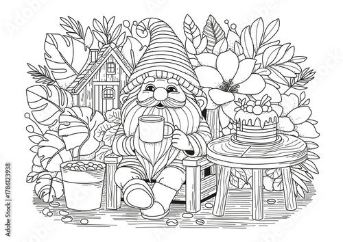 A cute gnome sits on a chair in his garden, drinking coffee. This coloring page is for kids and adults. Black and white illustration for coloring.