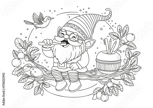 A cute gnome sits on an apple tree branch and brushes his teeth. This coloring page is for children and adults. Black and white illustration for coloring.