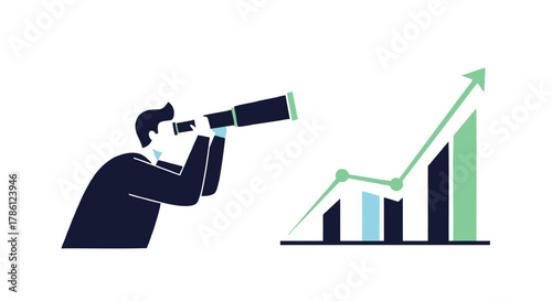 Businessman in suit looking through telescope at upward trending business graph symbolizing growth and future success