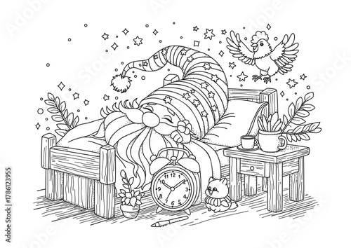 A cute gnome sleeps in bed under a blanket. An alarm clock stands on the floor nearby, and a rooster tries to wake him up. Coloring page for children and adults. Illustration for coloring.