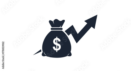 Dark silhouette of a money bag with a dollar sign and an upward trending arrow indicating financial growth and profit