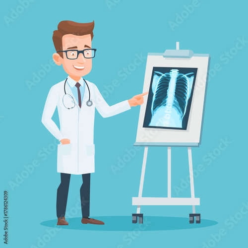 A happy doctor pointing at an xray medical image