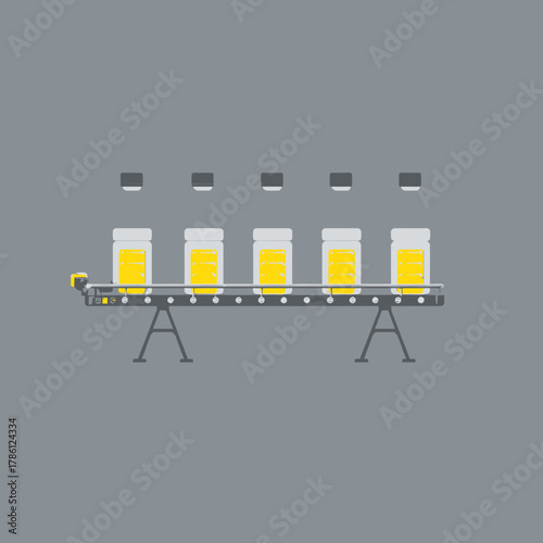 A pharmaceutical factory showing bottles in production line