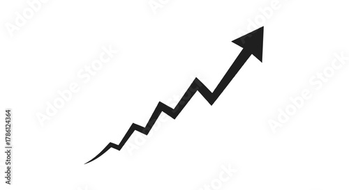 Black jagged arrow pointing upwards on a white background symbolizing growth progress success and positive trends