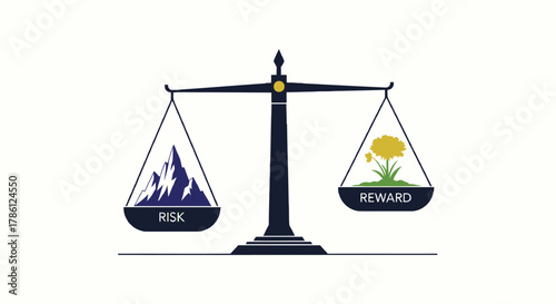 Balancing the scales of risk and reward with a mountain representing risk and a flower representing reward