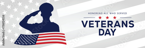 Veterans Day banner with a soldier silhouette saluting, flanked by American flags, set against a background of stars and stripes. Honors veterans and service members who served the USA.