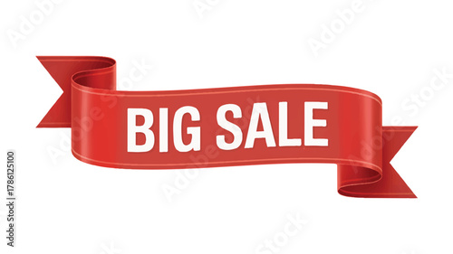 Red Ribbon Banner Displaying Big Sale Text Isolated on White Background for Promotional Advertising