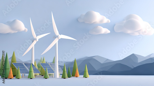 Wind turbines and photovoltaic panels in a mountainous area in the style of paper-cutting