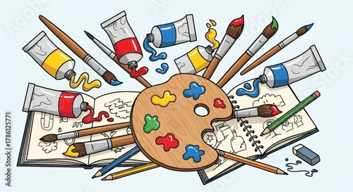 Playful vector of art supplies: brushes, paints, palettes, sketchbooks