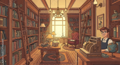 Illustrated vector of a vintage bookstore interior with warm color palette.