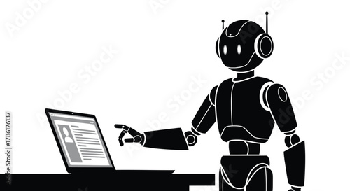 Futuristic robot using a laptop to analyze data or information on a screen in a modern office setting