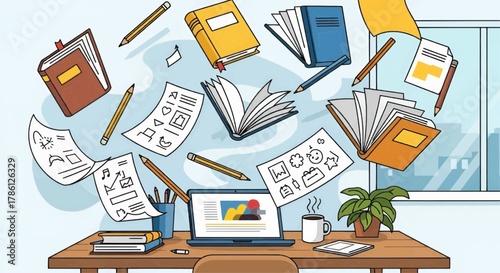 Flat design illustration of creative workspace with books, pencils, and papers flying.