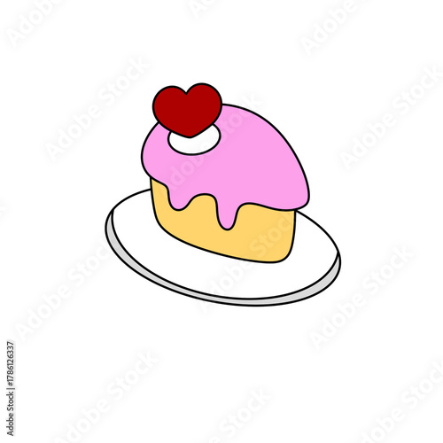 A pink cake with a heart on top and a cherry on the side