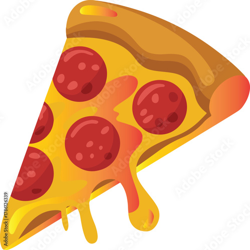 Slice of pepperoni pizza with dripping cheese and crust vector illustration EPS file download.
