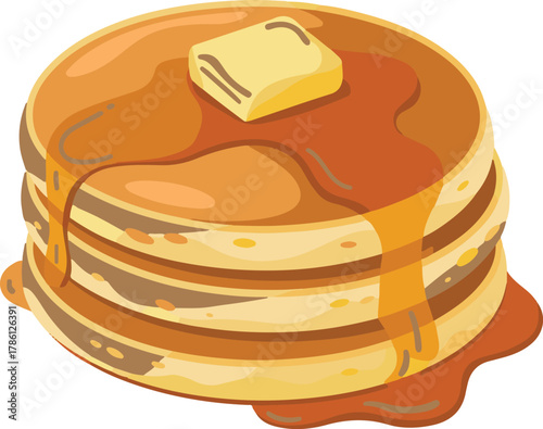 Stack of golden pancakes with melting butter and dripping syrup maple vector illustration EPS file download.
