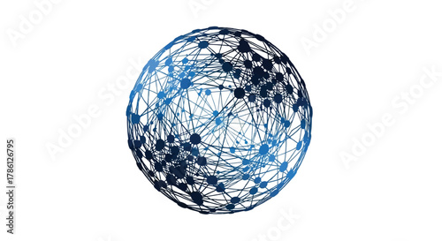 Abstract blue network sphere with connected nodes and lines on a white background representing global connectivity and technology