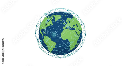Global network connections visualized around planet earth with interconnected nodes and lines on a white background