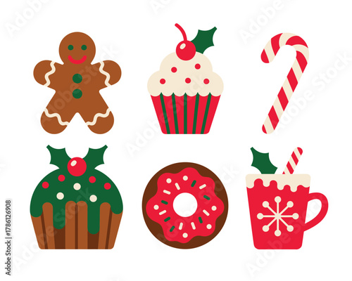 A collection of festive Christmas treats including a gingerbread man, cupcakes, and candy canes.