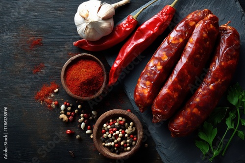 An overhead flat lay of whole chorizo links, alongside chili peppers, garlic, and paprika, arranged on a dark slate surface