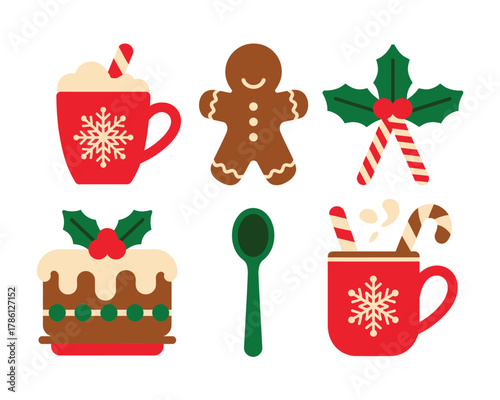 Christmas treats including hot chocolate, gingerbread man, and cake are displayed.