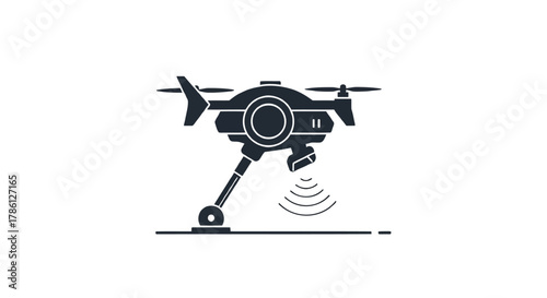 Modern drone with camera and landing gear depicted as a clean minimalist silhouette on a white background