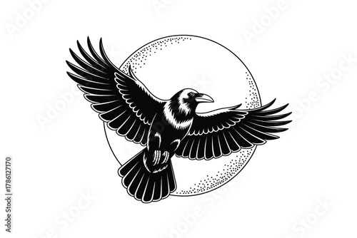 A crow with outstretched wings flies in front of a dotted circle representing a moon.