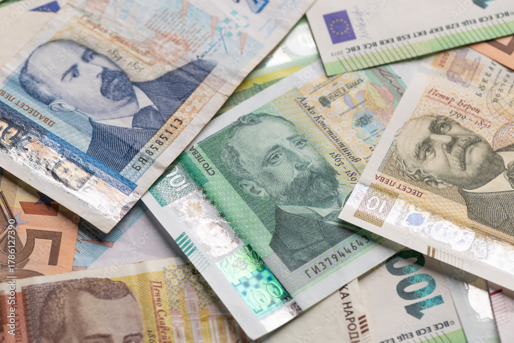 Fototapeta premium Bulgarian Leva and Euro Banknotes Scattered Full Frame Background