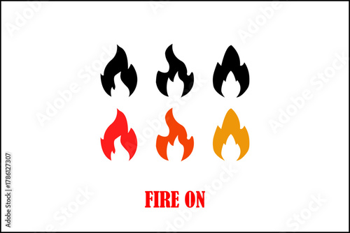 Six flame icons, three black and three colored, with the text fire on