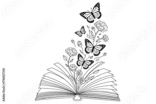 Butterflies and flowers emerge from an open book, symbolizing imagination and new beginnings.