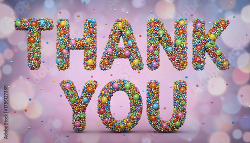 3D Illustration of thank you message formed by colorful sprinkles balls.