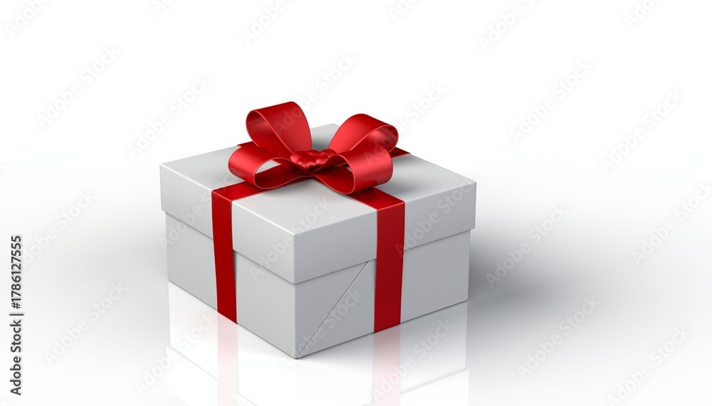 Fototapeta premium 3D rendering of a white gift box tied with red ribbon on white background