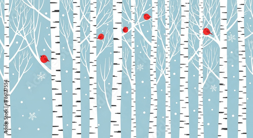Winter birch tree with red cardinal bird and snowflake on blue background
