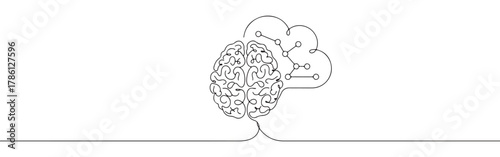 Continuous one line drawing of a brain with a cloud and network connections. Concept of cloud computing and AI