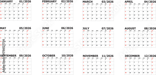 A collection of monthly calendars for the year 2026, featuring a clean and organized layout with days of the week and dates clearly marked. Perfect for planning and scheduling events.